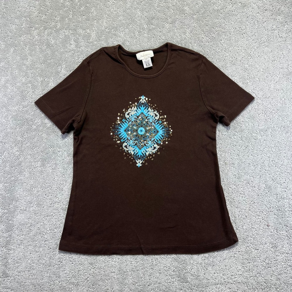 VINTAGE Studio Works T-Shirt Womens M/P Brown Sequin Beads Embellished USA 90s